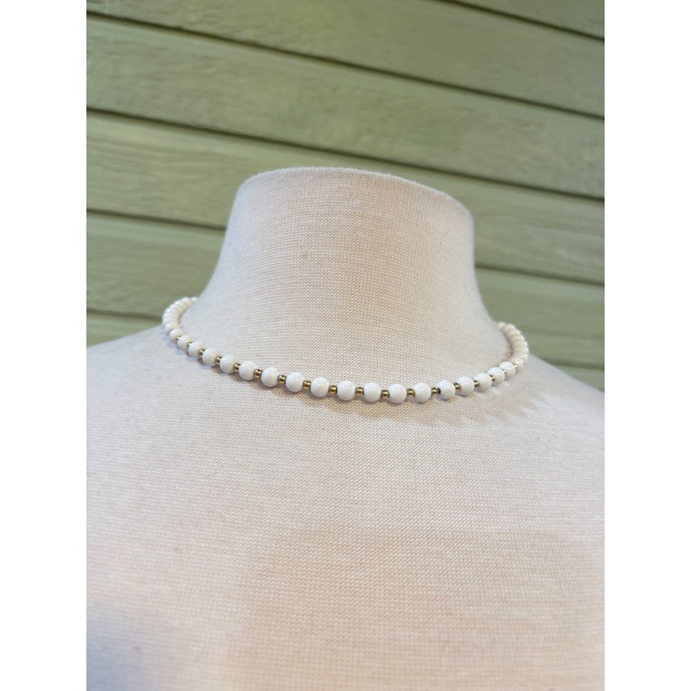 Vintage Monet White Bead Gold Tone Spacer Necklace Signed Classic Beaded Strand
